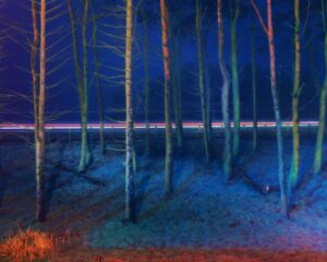 http://Bare%20trees%20on%20a%20grassy%20slope%20at%20night,%20illuminated%20in%20surreal%20shades%20of%20electric%20blue%20and%20warm%20orange.%20Behind%20them,%20horizontal%20streaks%20of%20red%20and%20white%20light%20from%20passing%20traffic%20cut%20across%20the%20deep%20blue%20sky.